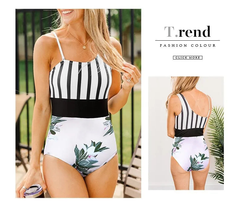 Women's leopard print one-piece swimsuit with asymmetric collar and high-waist briefs style.