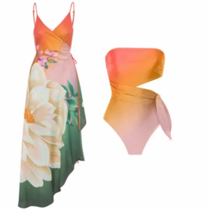 Women's retro printed one-piece swimsuit in a bikini style, shown on a mannequin.