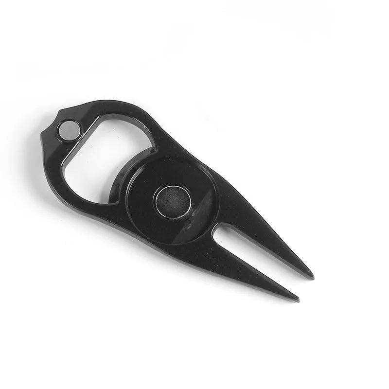 Zinc alloy golf ball fork bottle opener tool with ball marking coins in black, green or silver