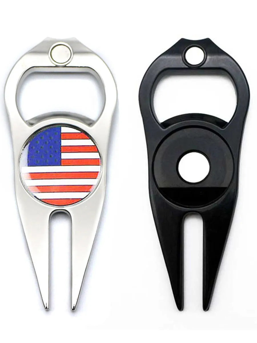 Zinc alloy golf ball fork bottle opener tool with ball marking coins in black, green or silver