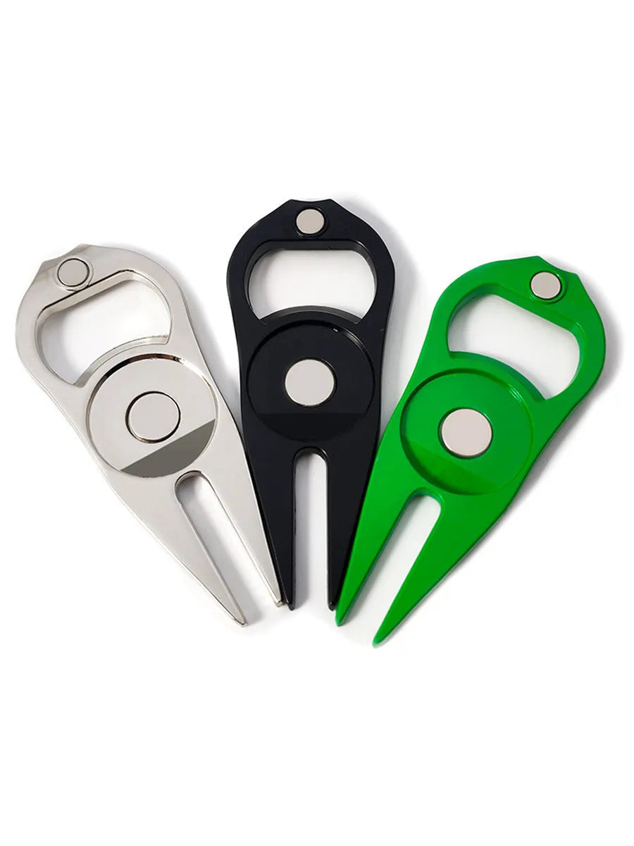 Zinc alloy golf ball fork bottle opener tool with ball marking coins in black, green or silver