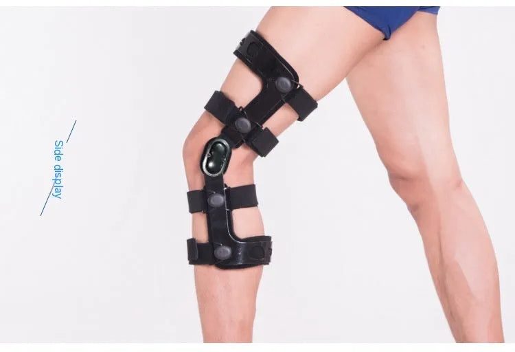 Black anterior ligament knee pad supporter showing side-specific sizing options.