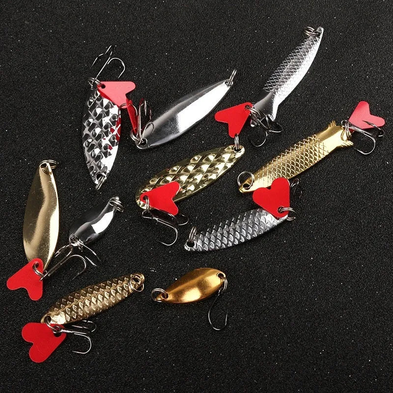 Gold and silver metal pineapple sequins for fishing lures, packaged in sets of 11, 21, or 36 pieces.