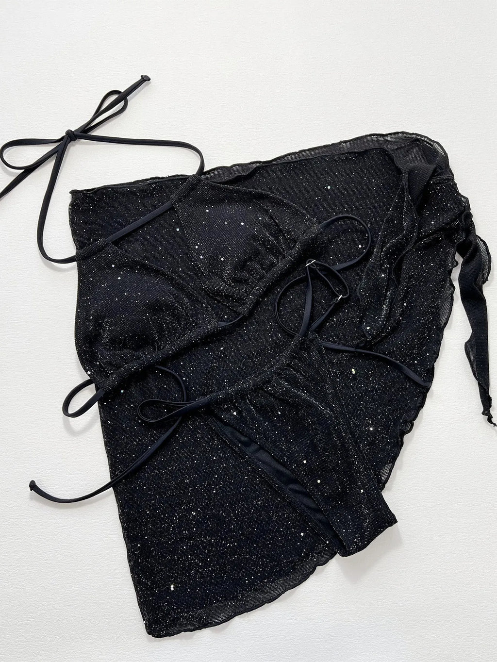 Black polyester three-piece bikini swimsuit set with separate top and shorts