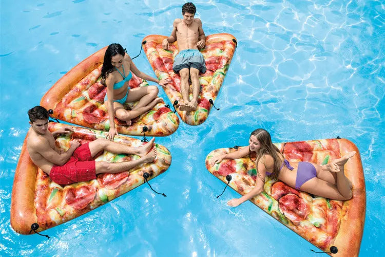 Large inflatable pizza-themed surfboard float on water, dimensions 175cm by 145cm.