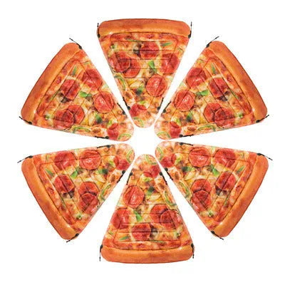 Large inflatable pizza-themed surfboard float on water, dimensions 175cm by 145cm.