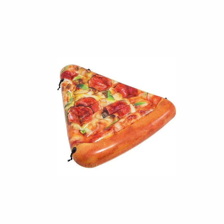Large inflatable pizza-themed surfboard float on water, dimensions 175cm by 145cm.