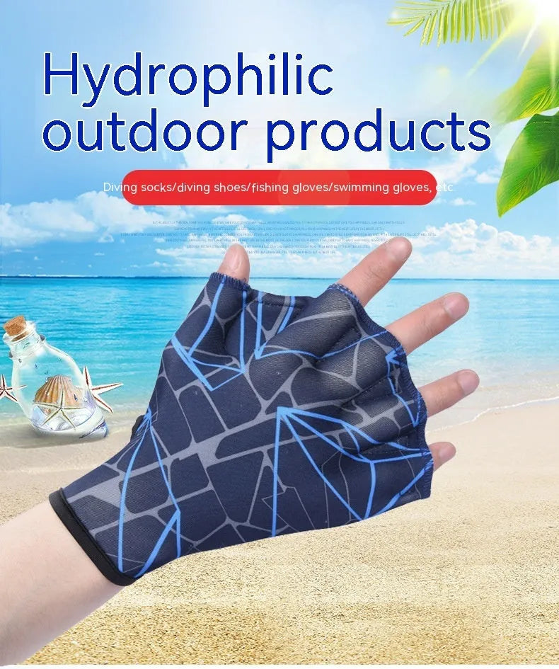 Duck feet webbed swimming gloves in nylon fabric with colour print options