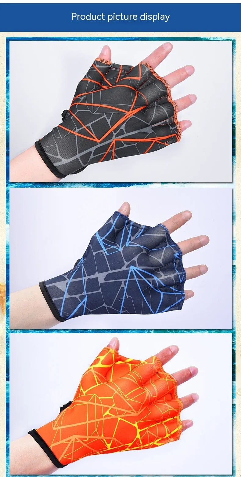 Duck feet webbed swimming gloves in nylon fabric with colour print options
