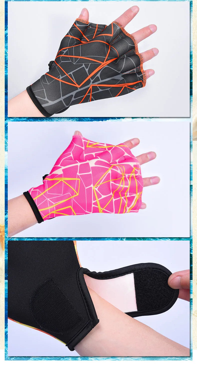 Duck feet webbed swimming gloves in nylon fabric with colour print options