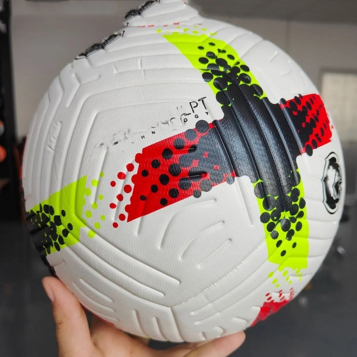 Fluorescent green size 5 training football with seamless thermal adhesive construction