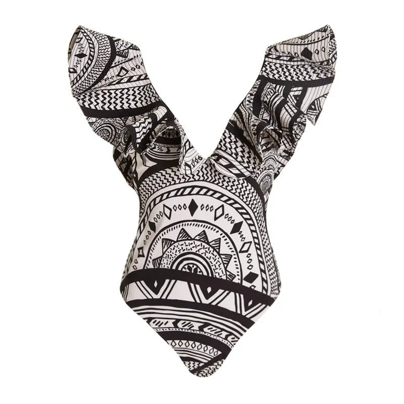 Women's vintage print one-piece swimsuit with deep V-neck and ruffled trim, includes matching wrap skirt
