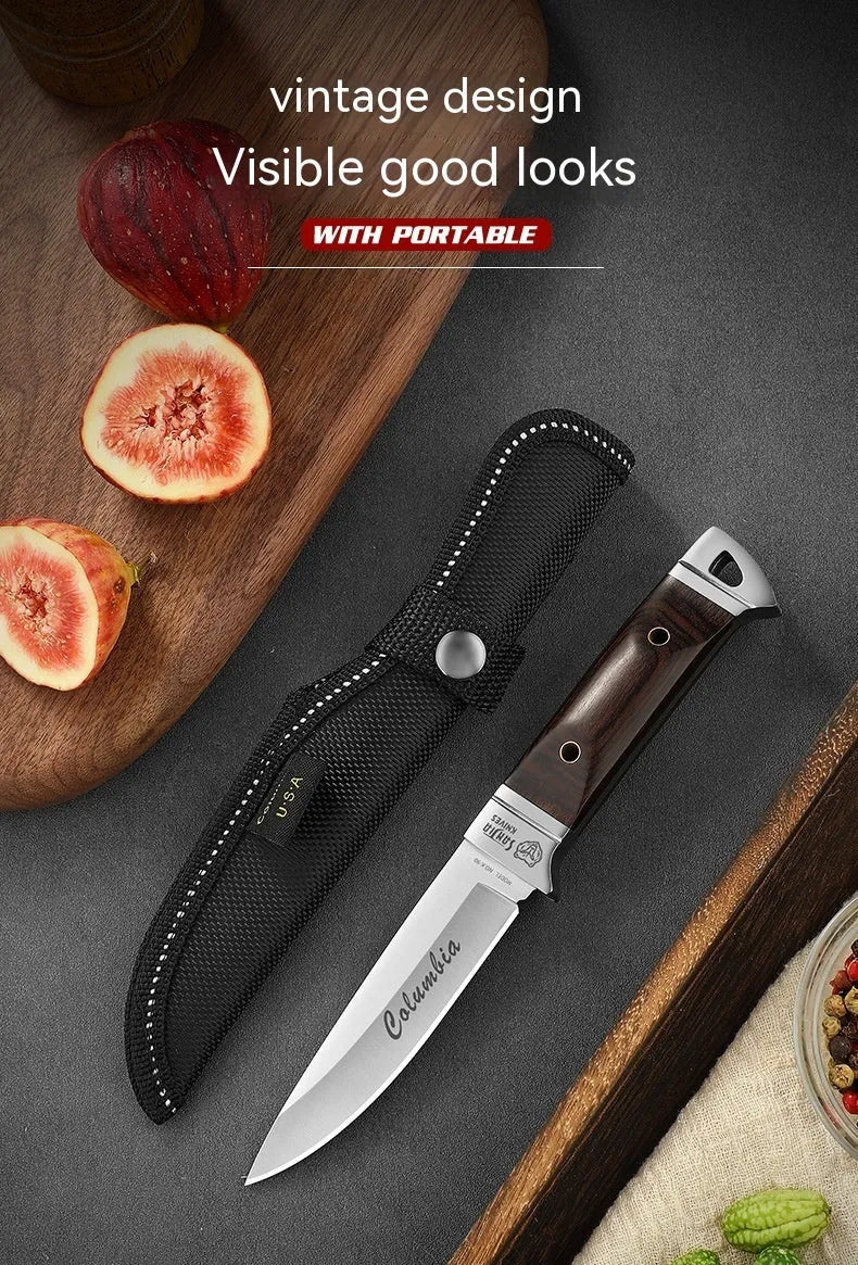Camping stainless steel fruit knife with leather case showing one-piece keel forming and national style design.