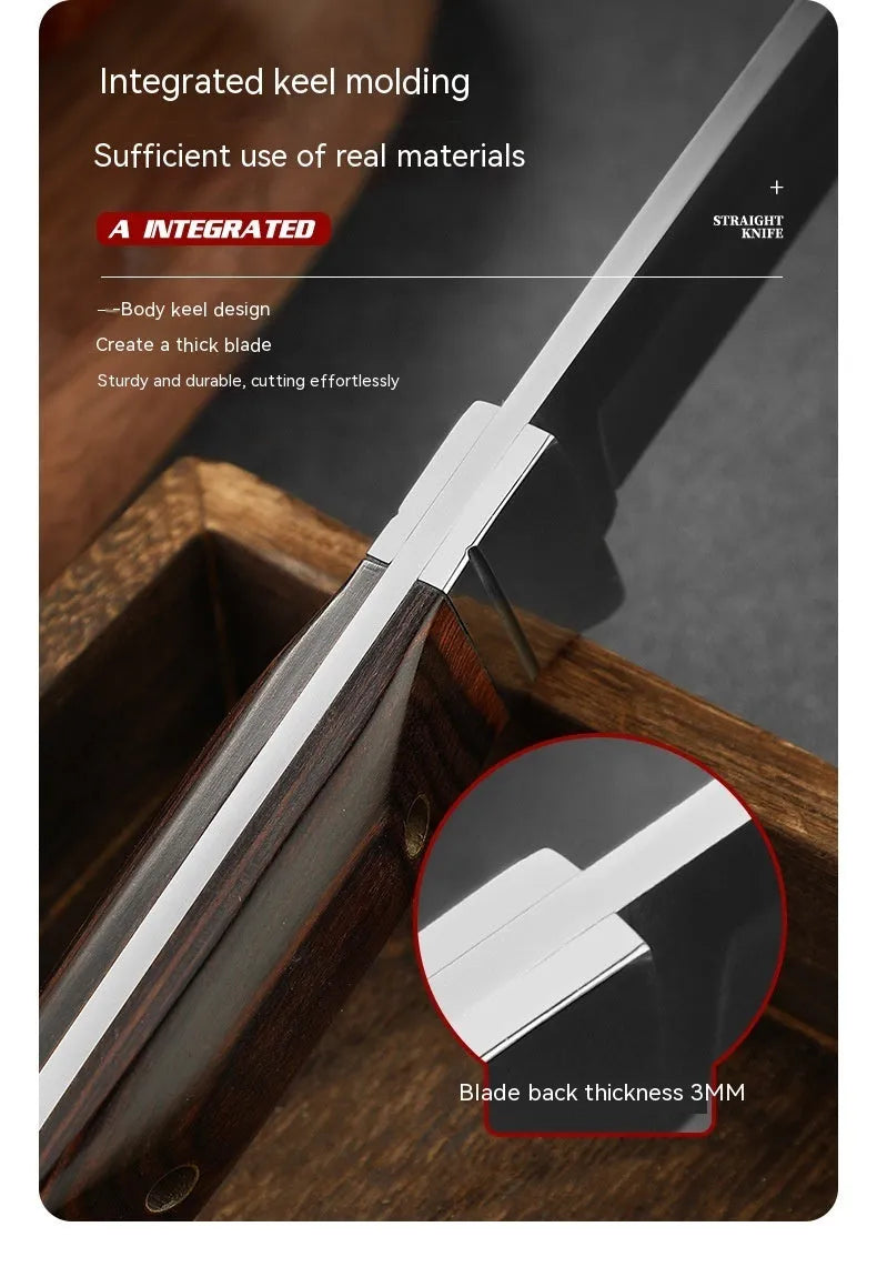 Camping stainless steel fruit knife with leather case showing one-piece keel forming and national style design.