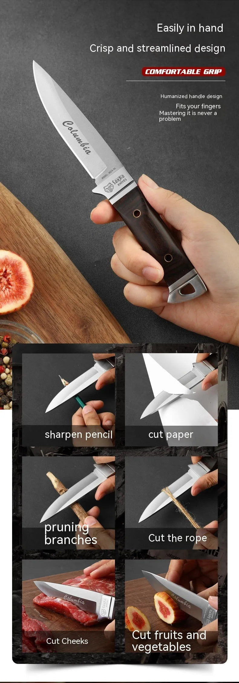Camping stainless steel fruit knife with leather case showing one-piece keel forming and national style design.
