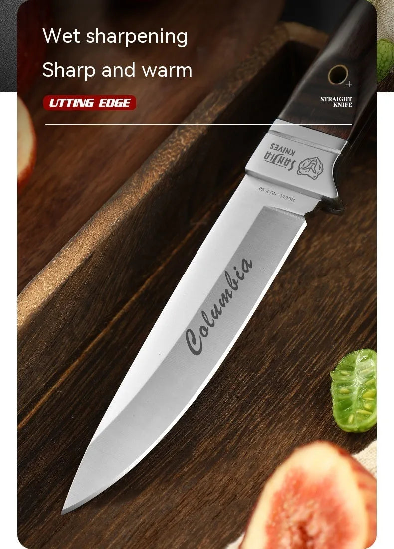 Camping stainless steel fruit knife with leather case showing one-piece keel forming and national style design.