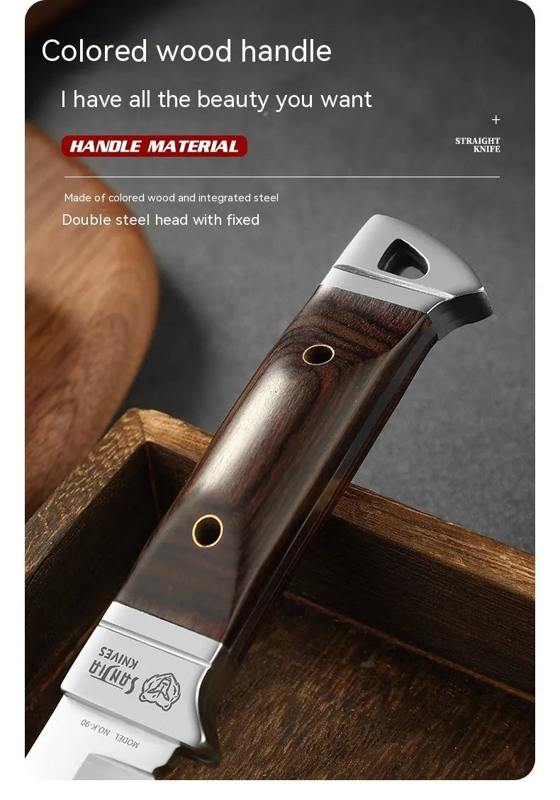 Camping stainless steel fruit knife with leather case showing one-piece keel forming and national style design.