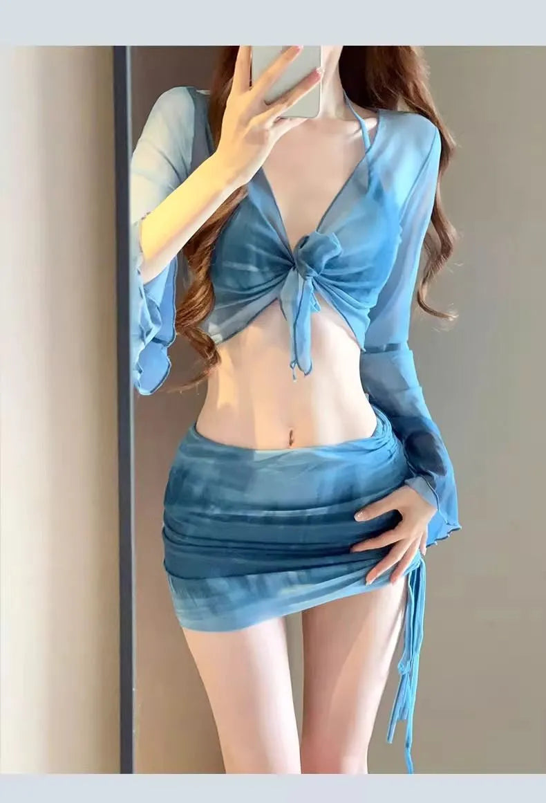 Women's blue high-waisted bikini four-piece set with shirt, bra, underwear and skirt for swimming