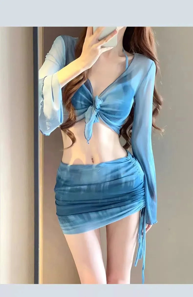 Women's blue high-waisted bikini four-piece set with shirt, bra, underwear and skirt for swimming