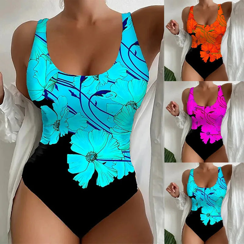 Women's 3D printed one-piece swimsuit in Lycra blend fabric available in orange red, sky blue and purple colours
