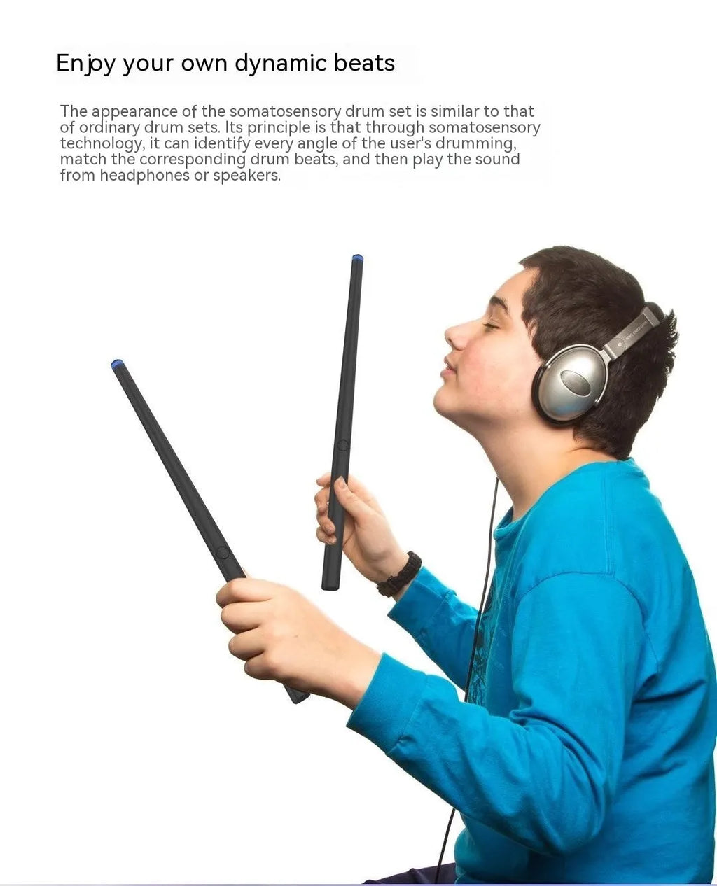 Black somatosensory air drum kit with wireless drumsticks and LED lighting effects