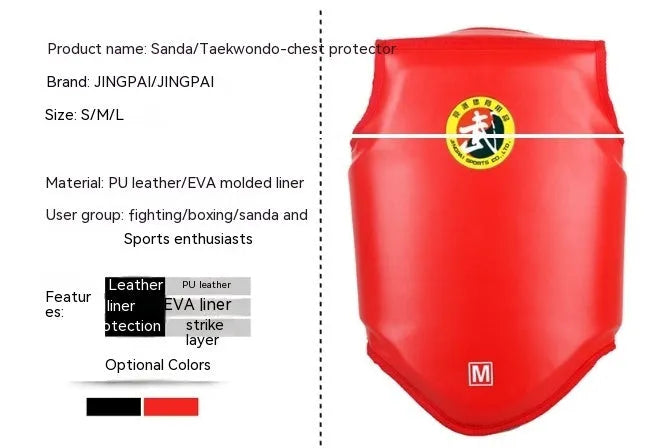 Red boxing helmet and matching one-piece chest protector for training.