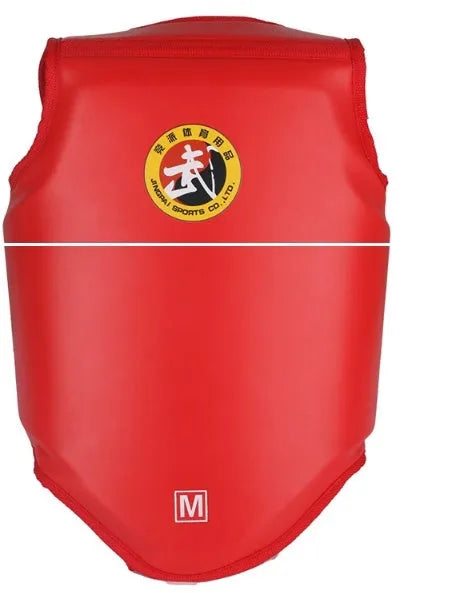 Red boxing helmet and matching one-piece chest protector for training.