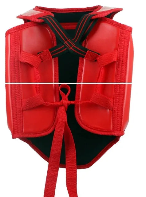 Red boxing helmet and matching one-piece chest protector for training.