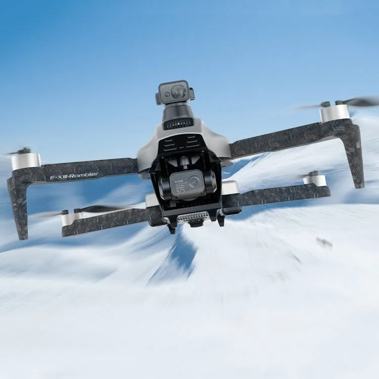 White folding quadcopter drone with 4K camera and obstacle avoidance sensors in unfolded position