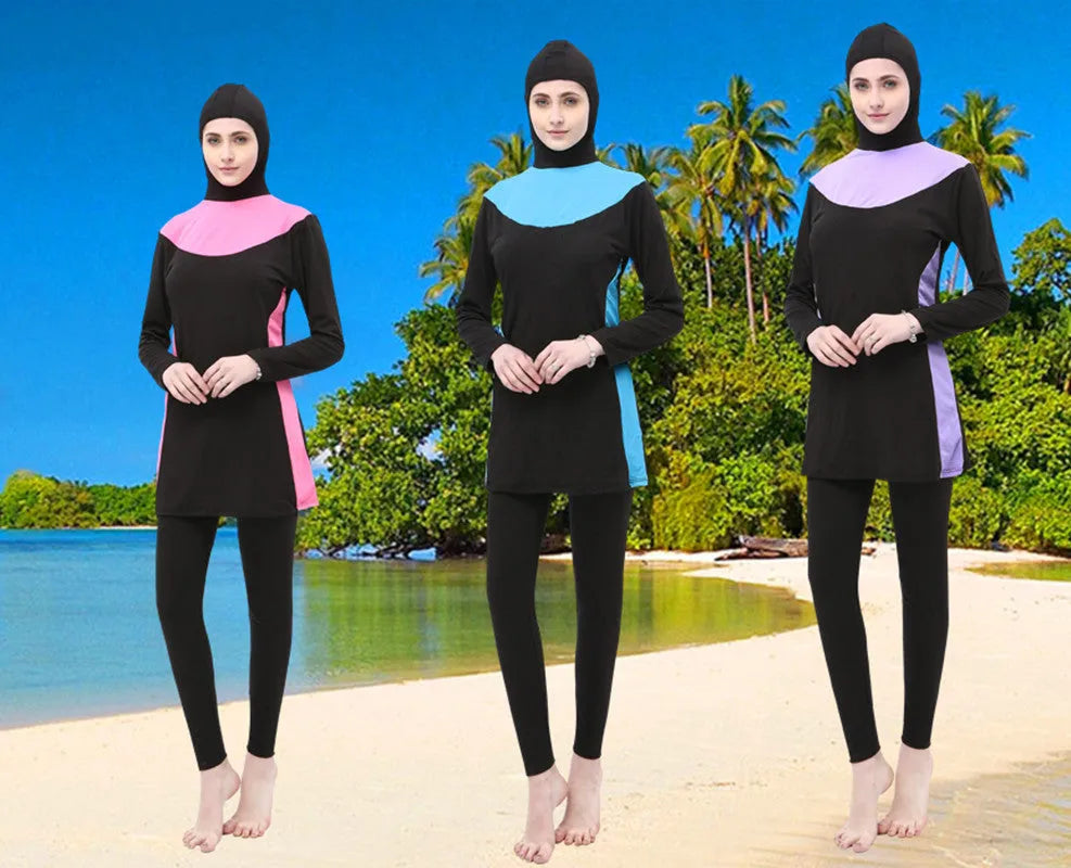Women's hooded long sleeve swimsuit in black with colour trim options