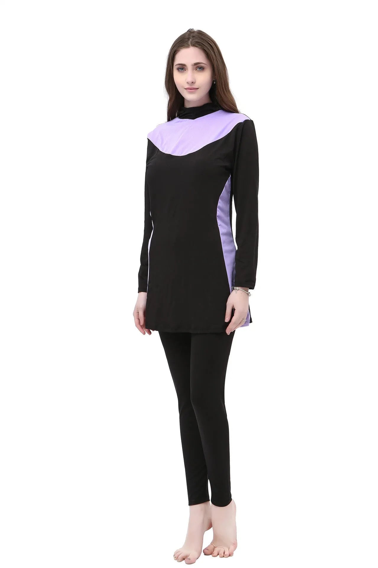 Women's hooded long sleeve swimsuit in black with colour trim options