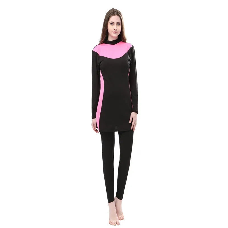 Women's hooded long sleeve swimsuit in black with colour trim options