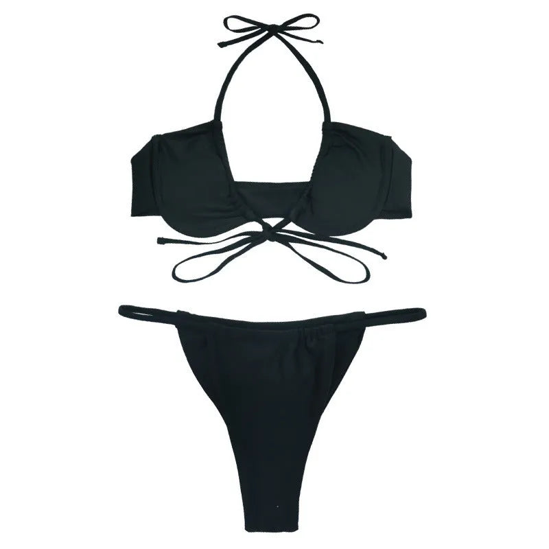 Women's black and mint green split design bikini swimsuit with bra and panties