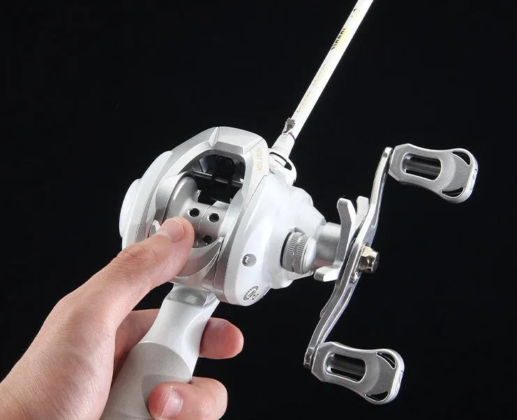 ET Drop Wheel Micro bait casting fishing reel in white with aluminium construction