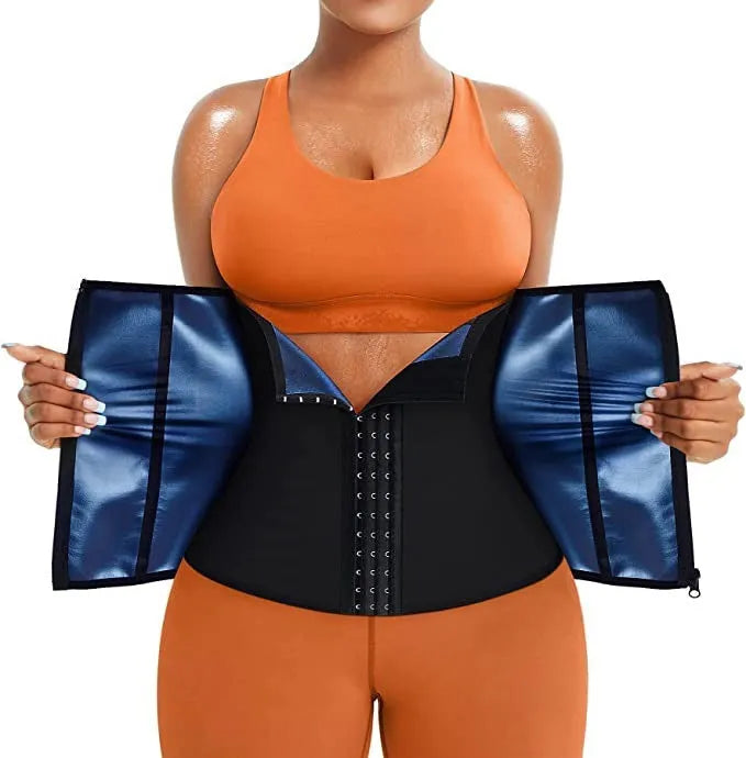 Neoprene abdominal support girdle with adjustable fastening in blue colour, showing waist shaping design