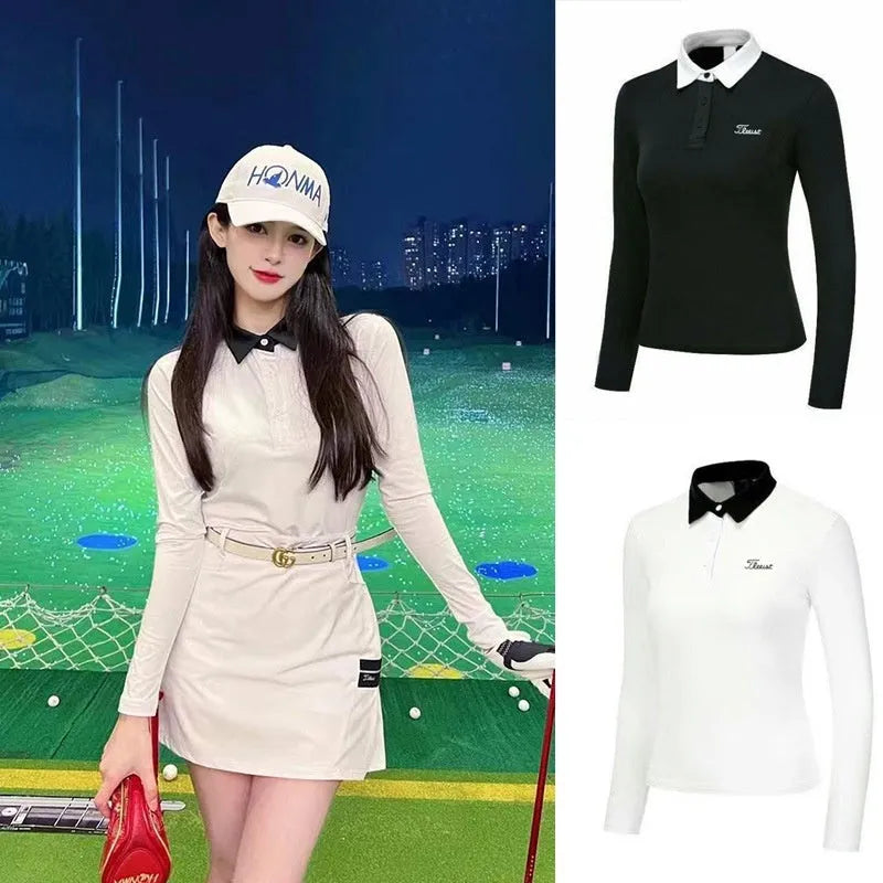 Women's white long sleeve golf top with slim fit for outdoor sun protection