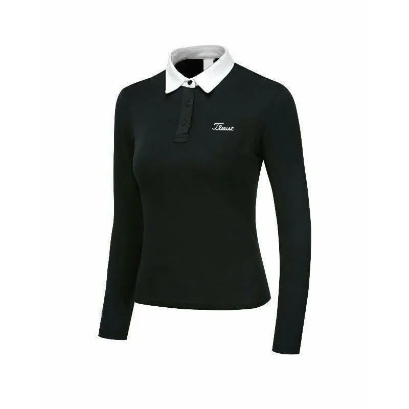Women's white long sleeve golf top with slim fit for outdoor sun protection