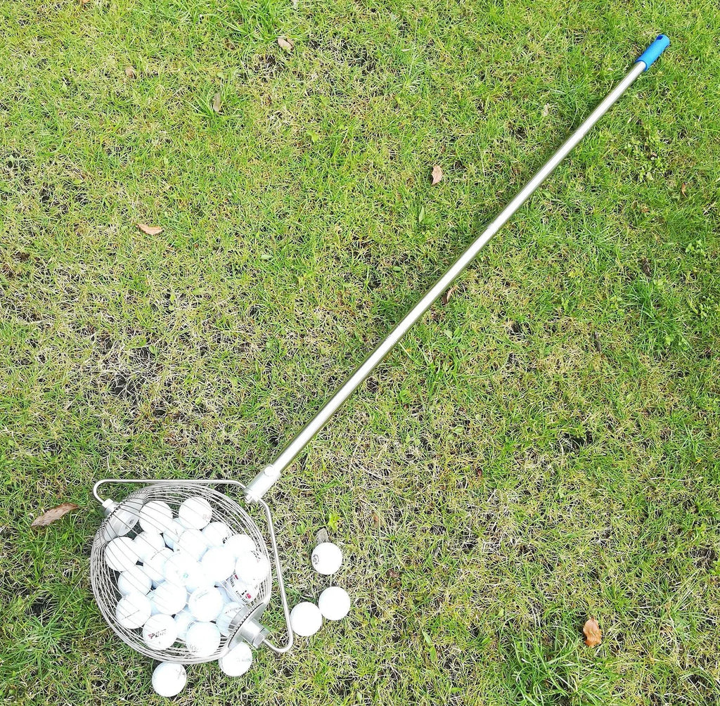 Metallic-coloured stainless steel golf ball picker with magnetic end for trolley attachment