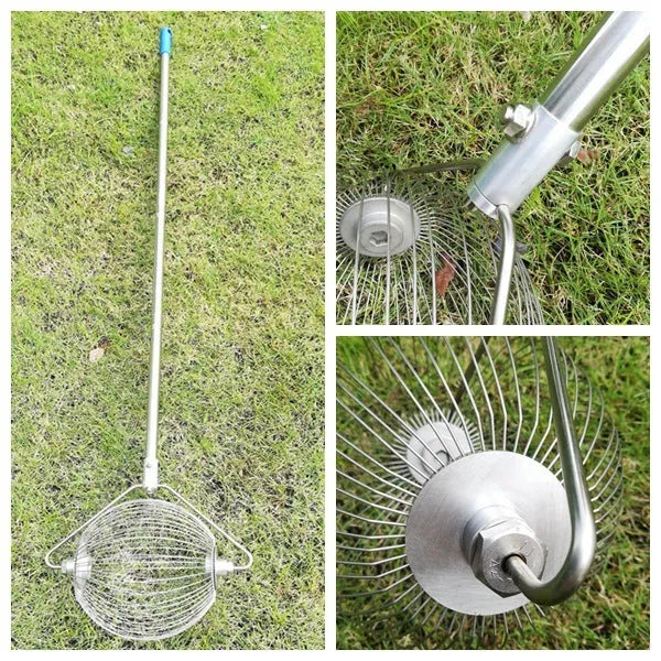 Metallic-coloured stainless steel golf ball picker with magnetic end for trolley attachment