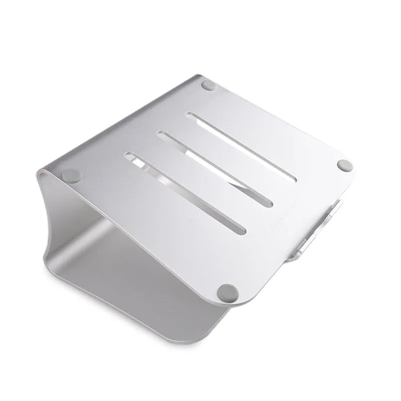 Aluminium laptop cooling bracket in silver colour with rotating base design.