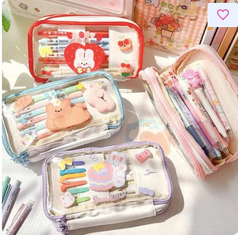 Transparent Japanese pencil case with rabbit designs in pink and red colour options