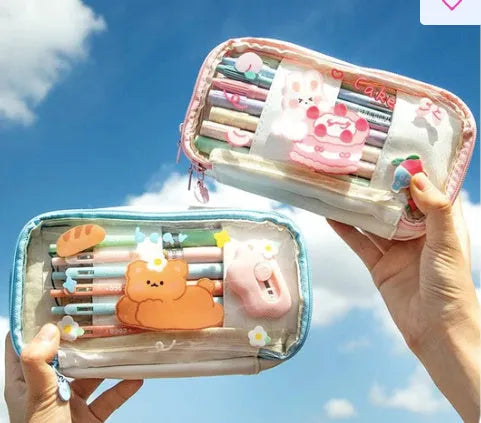 Transparent Japanese pencil case with rabbit designs in pink and red colour options