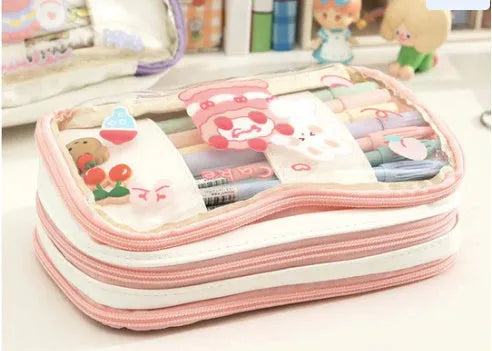 Transparent Japanese pencil case with rabbit designs in pink and red colour options