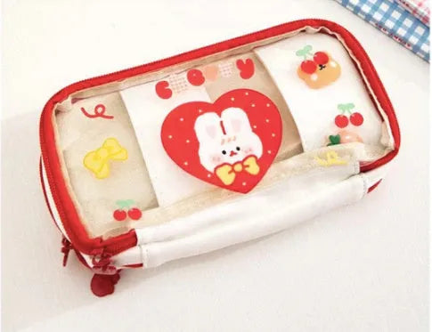 Transparent Japanese pencil case with rabbit designs in pink and red colour options