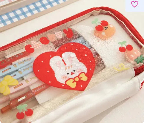 Transparent Japanese pencil case with rabbit designs in pink and red colour options