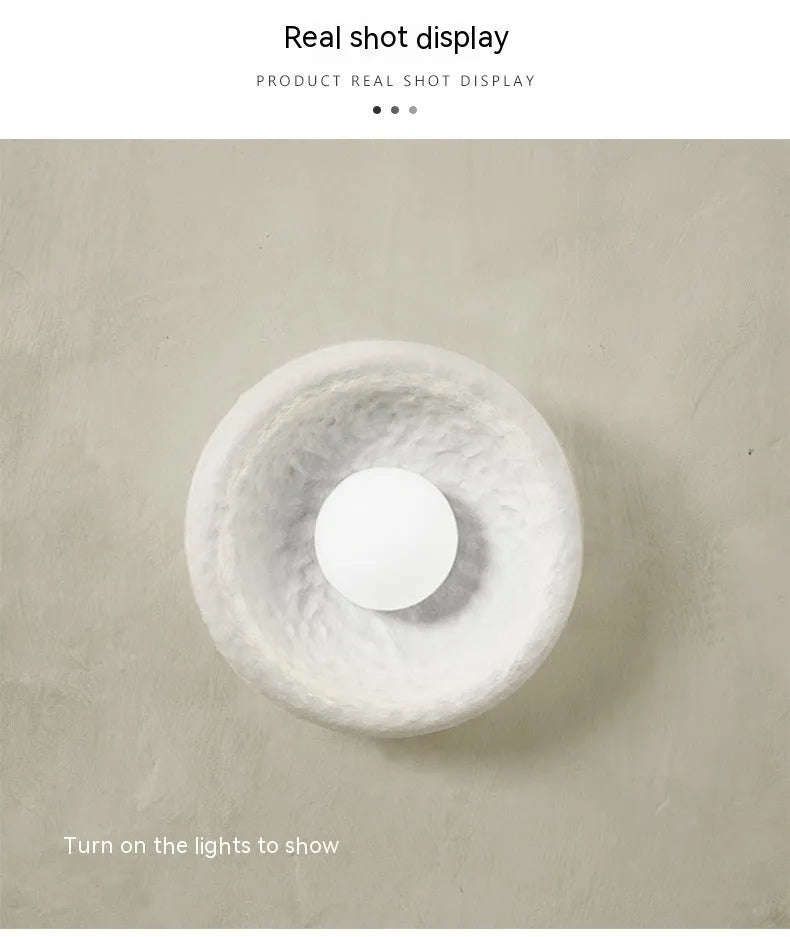 Japanese minimalist resin wall lamp shown in 20cm, 26cm, and 32cm diameter sizes