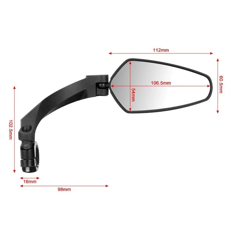 Black rotatable rearview mirror for mountain bike handlebars made from PMMA acrylic.