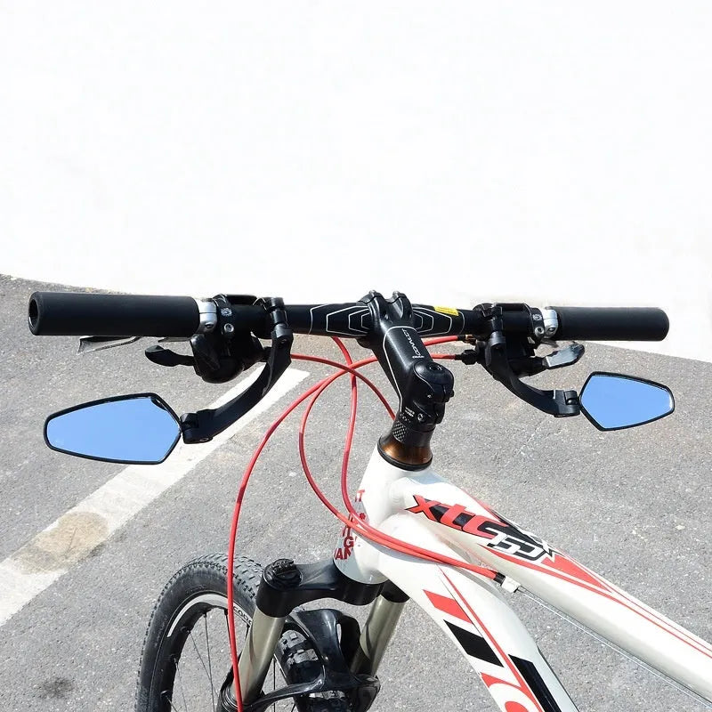 Black rotatable rearview mirror for mountain bike handlebars made from PMMA acrylic.