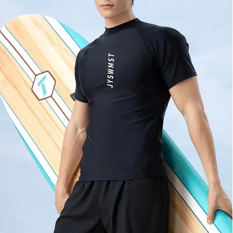 Men's plus size polyester swimsuit set with top and trunks on mannequin.