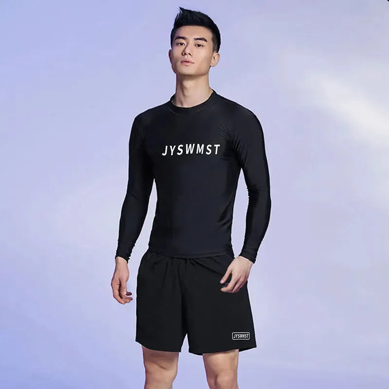Men's plus size polyester swimsuit set with top and trunks on mannequin.
